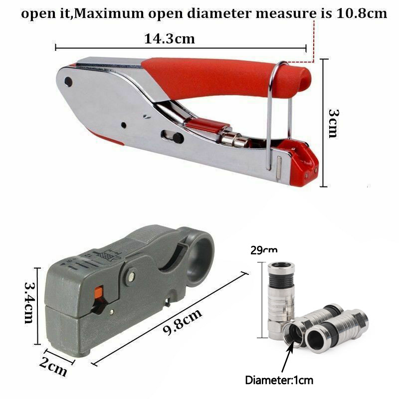 Compression Stripper Tool Coaxial F-Type Crimper + 10PCS RG6 Crimp Connectors