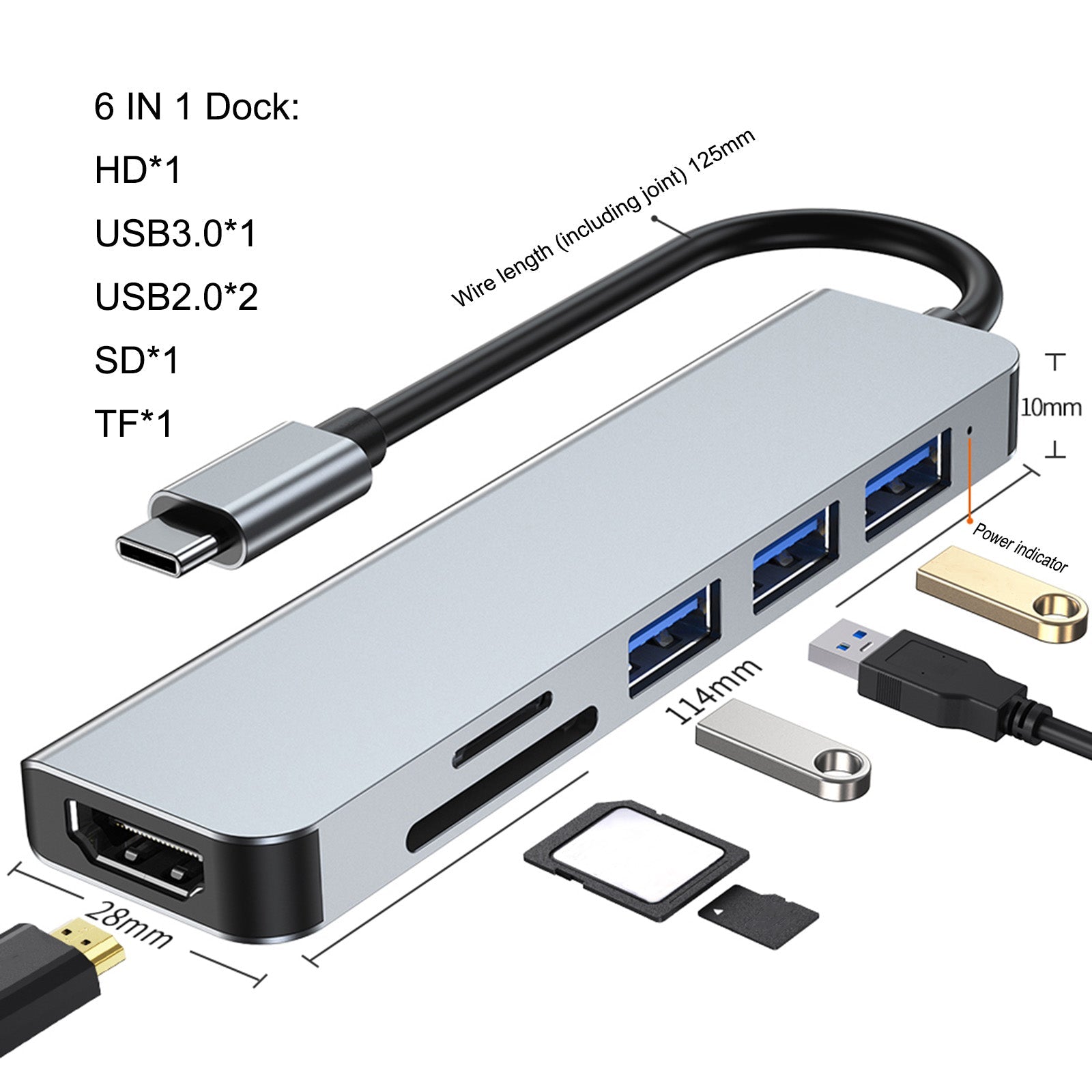 6 en 1 USB-C Tipo C Salida HD 4K USB 3.0 HD Adaptador HUB Base multifunción