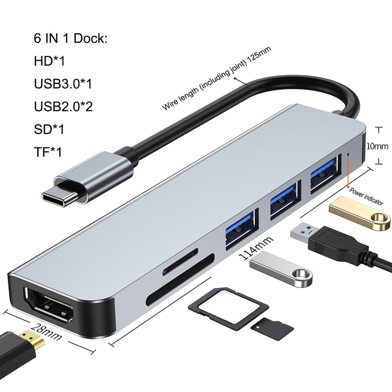 6 في 1 USB-C Type C HD Output 4K USB 3.0 HD محول HUB متعدد الوظائف