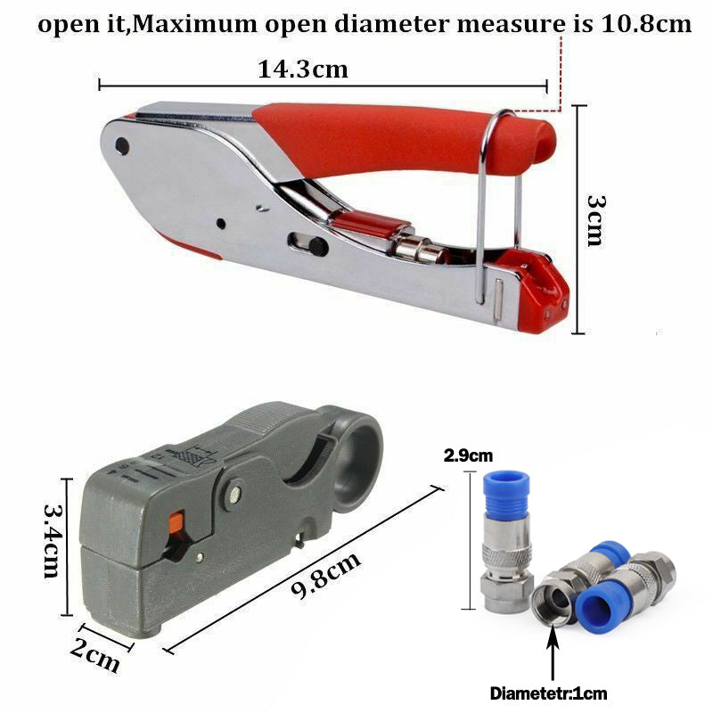 Compression Stripper Tool Coaxial F-Type Crimper + 20PCS RG6 Crimp Connectors