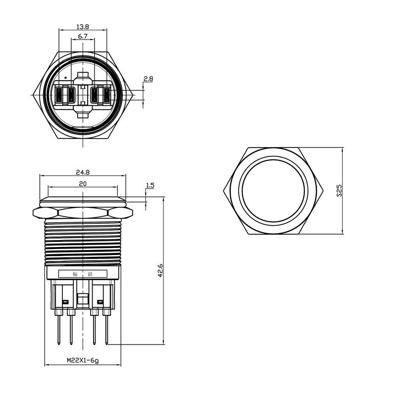 22mm 24V anillo LED interruptor de botón de acero inoxidable para coche/barco/bricolaje