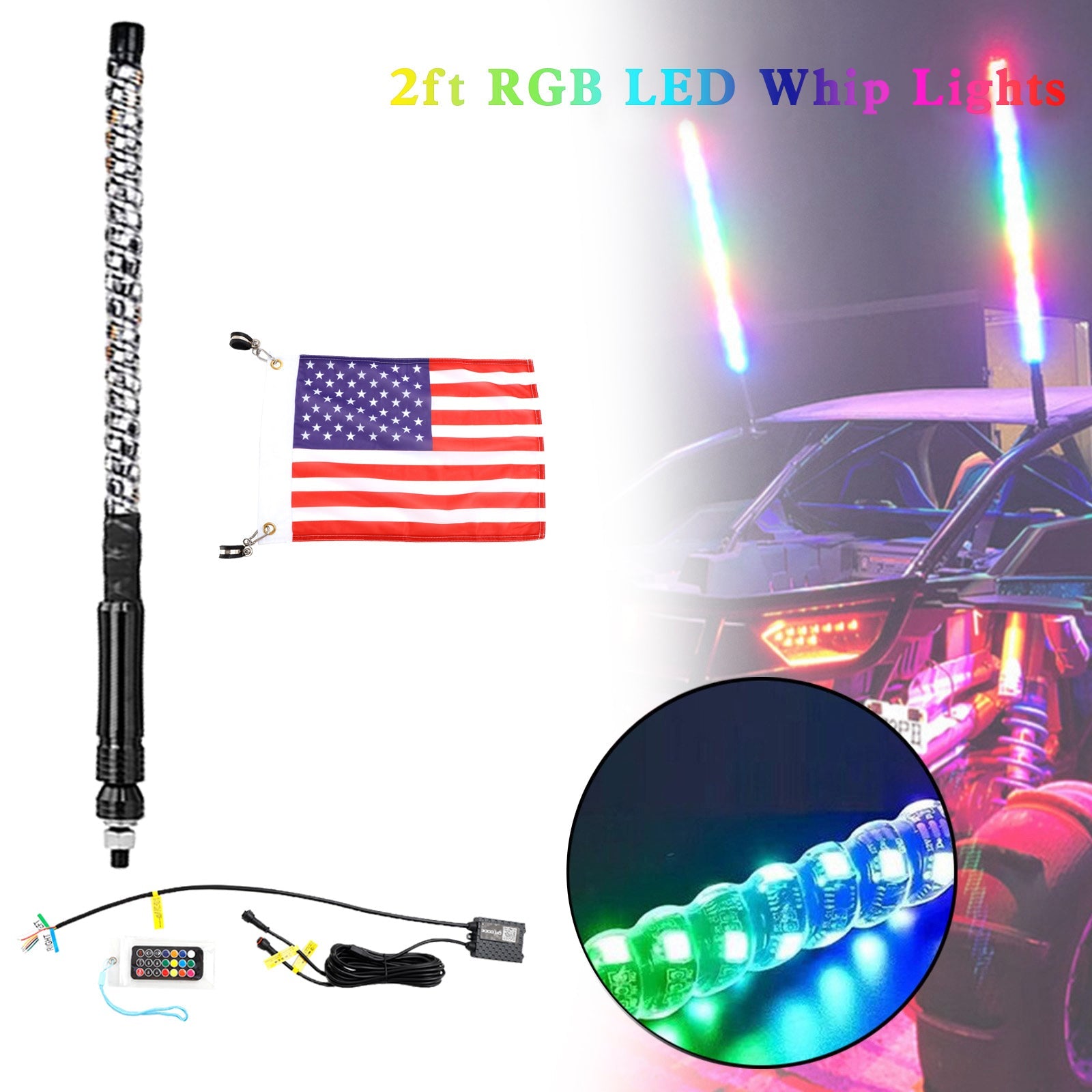 2ft RGB LED APP Whip Lights Antenna W/ Flag Remote Control For Polaris UTV ATV