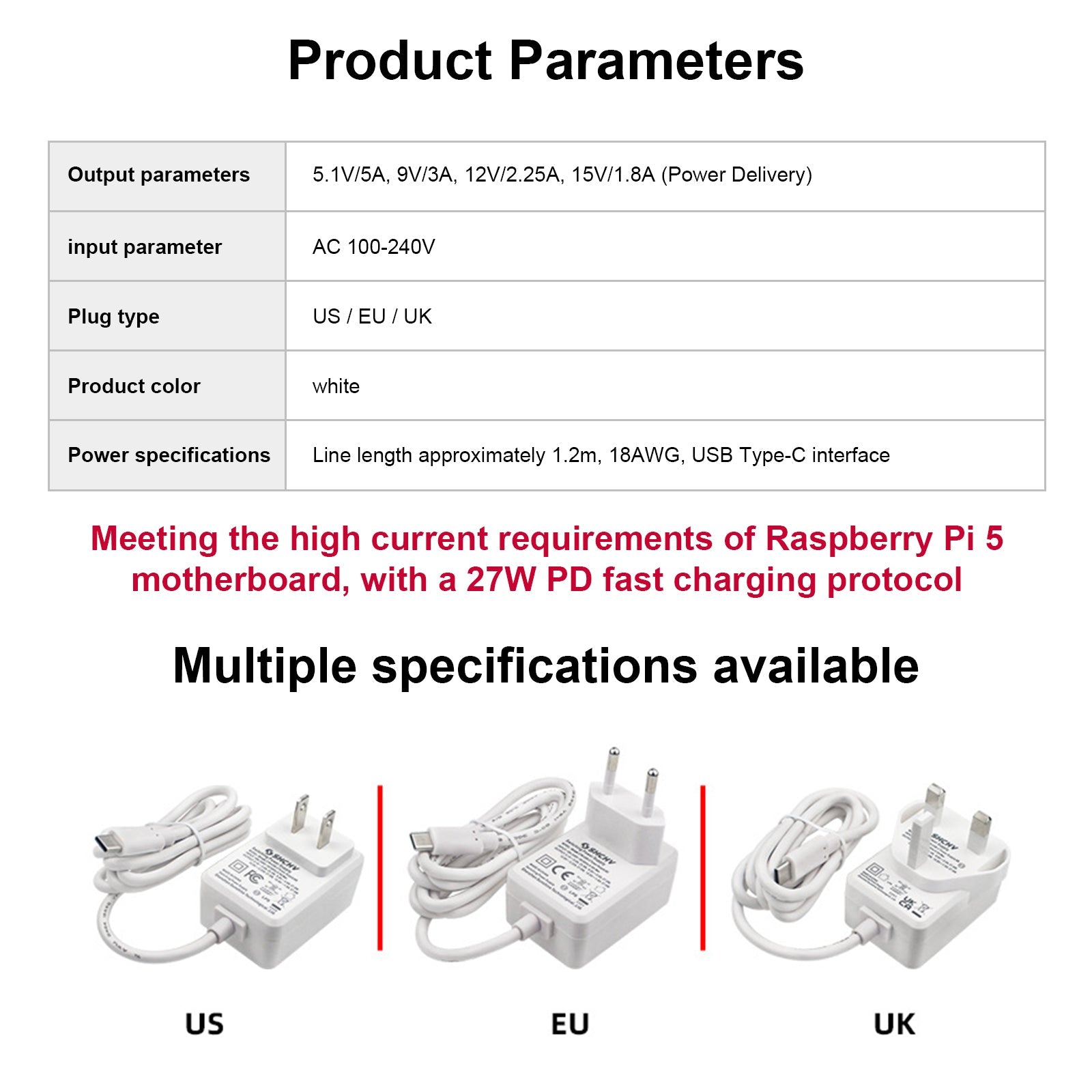 Adaptador de corriente Raspberry Pi 5, interfaz USB-C, potencia de 27W, 5V5A, corriente completa