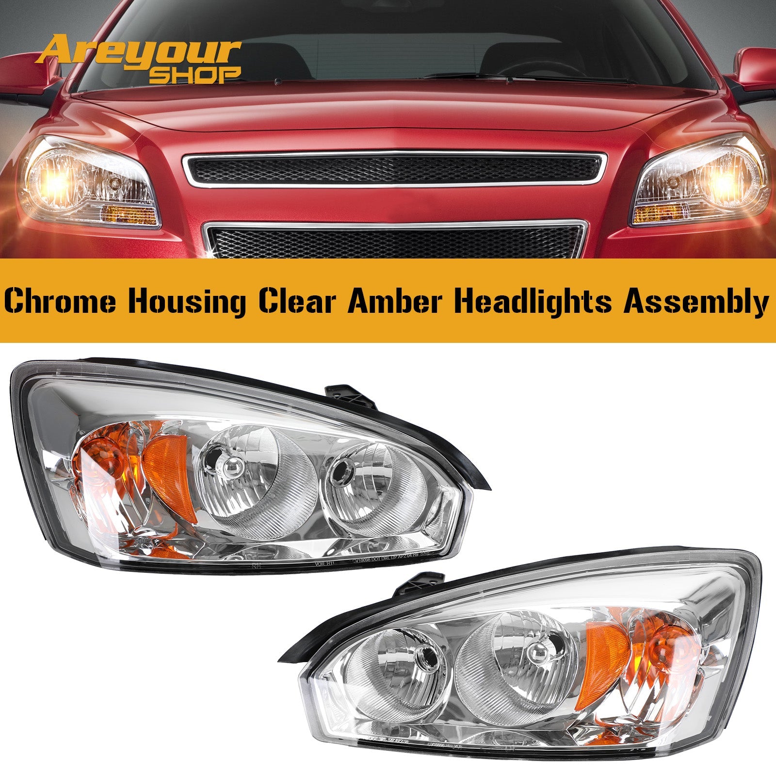 Chrome Housing Clear Amber Headlights Assembly For Chevr Malibu 2004-2008 Generic