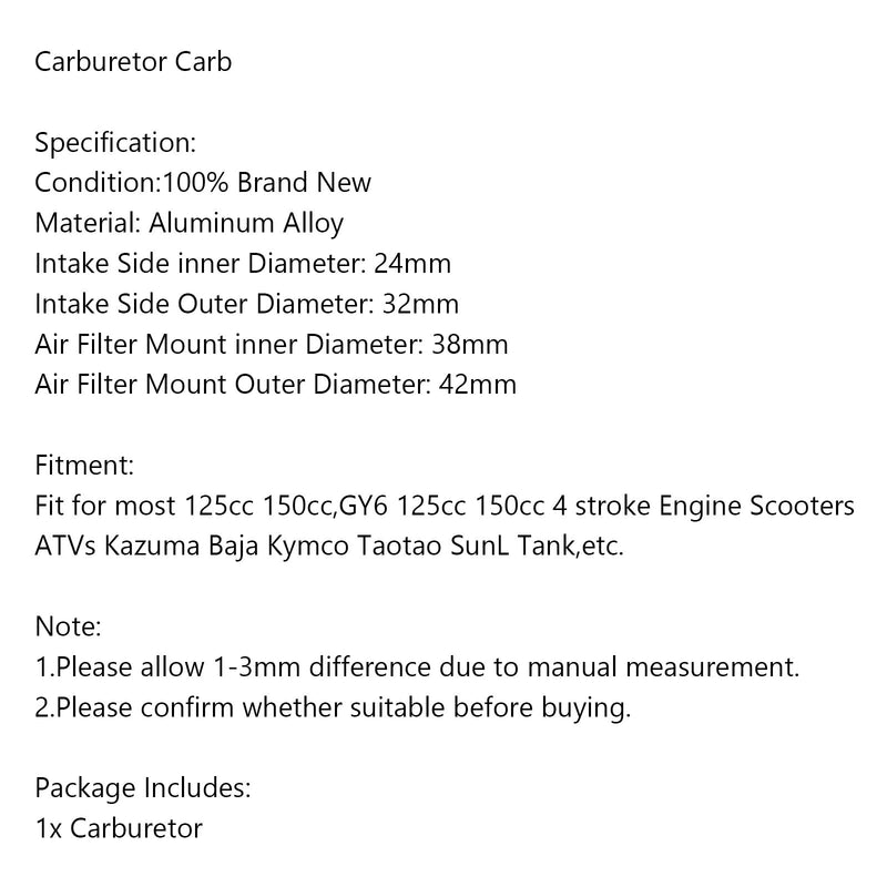 Carburador Carb para GY6 125 150cc Scooter ATV Kazuma Baja Kymco Taotao SunL ​​Tank Genérico