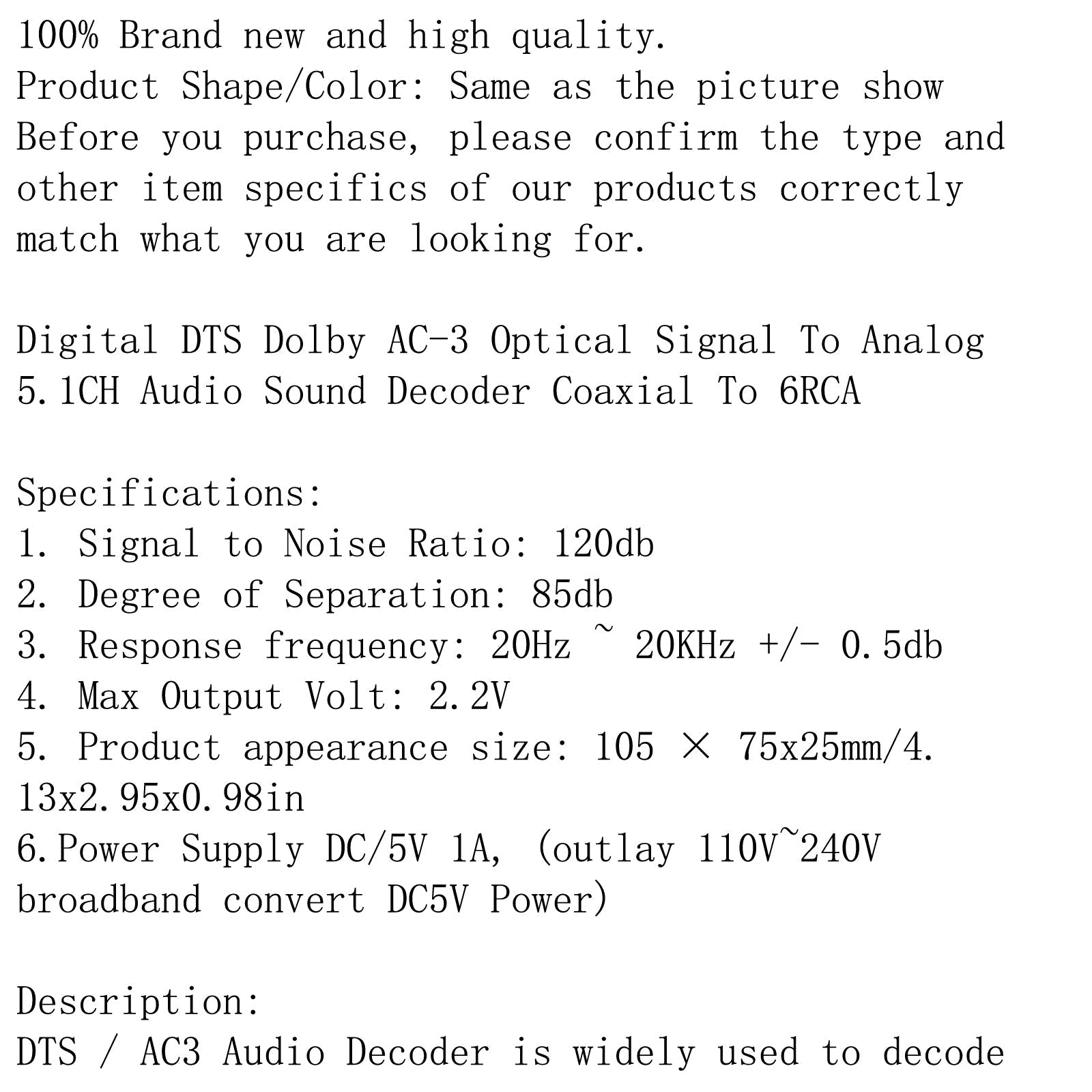 Convertidor DTS AC3 Fuente a 5.1 Decodificador de audio estéreo digital analógico Enchufe de EE. UU. 