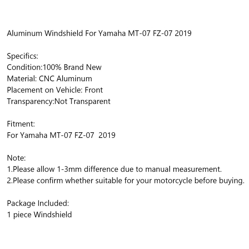 Parabrisas de aluminio para Yamaha MT-07 2018 2019 Parabrisas MT07 CNC Deflector Genérico