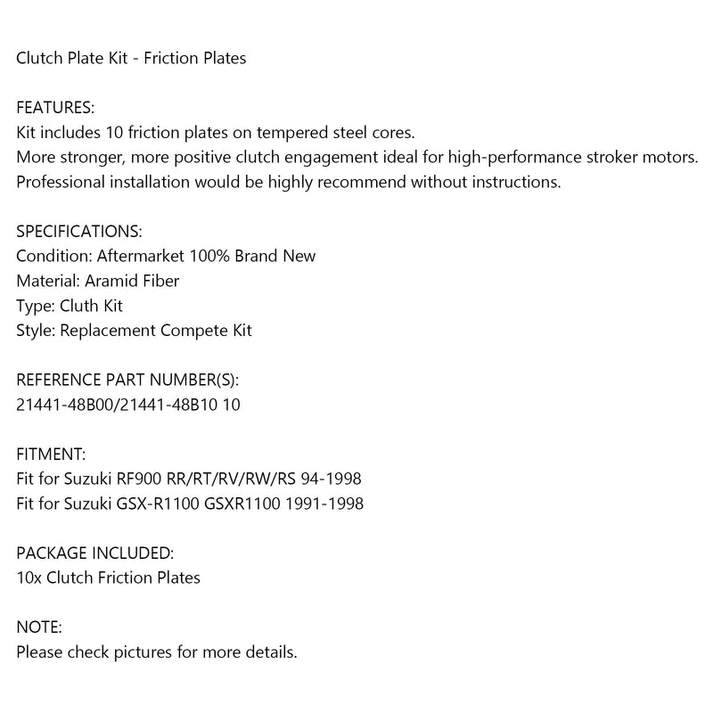 Clutch Friction Plate Kit Set For Suzuki RF900 RR/RT/RV/RW/RS GSX-R1100 GSXR1100 Generic