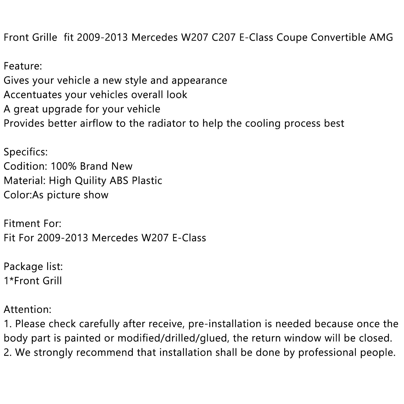 Front Grille fit 2009-2013 Mercedes W207 C207 E-Class Coupe Convertible AMG Generic