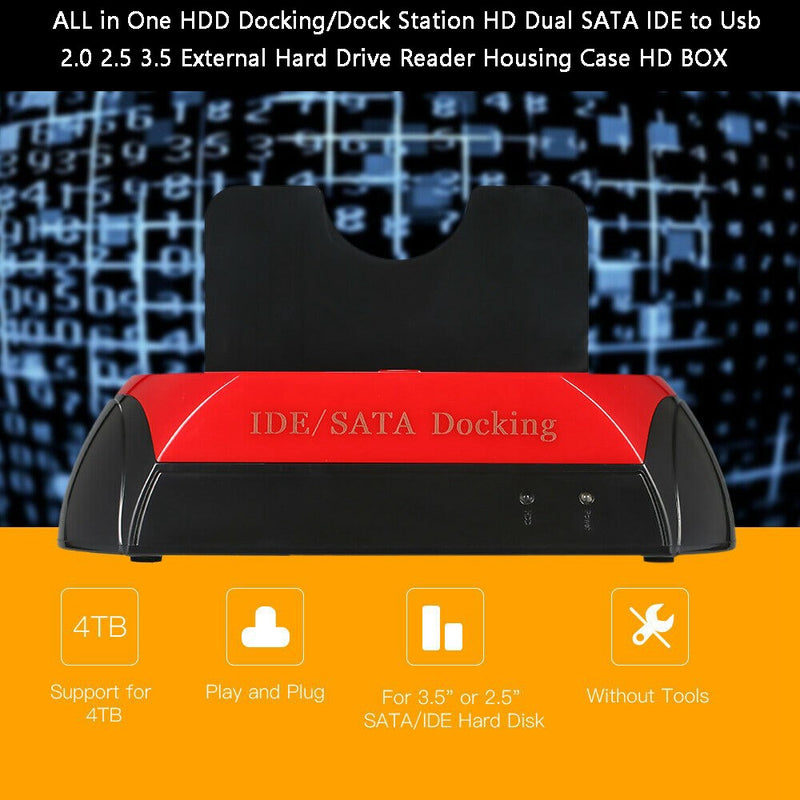 USB 2.0 a IDE/SATA Estación de acoplamiento de disco duro externo 2 bahías 2.5" 3.5" HDD EE. UU.