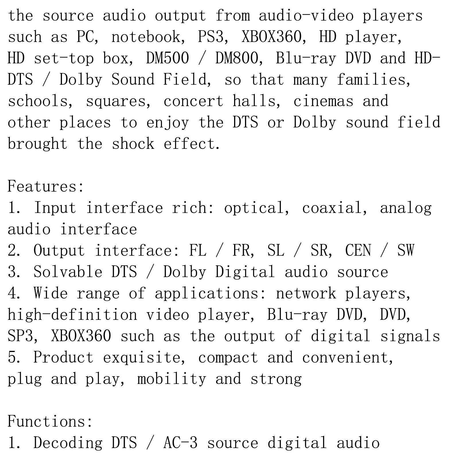 Convertidor DTS AC3 Fuente a 5.1 Decodificador de audio estéreo digital analógico Enchufe de EE. UU. 