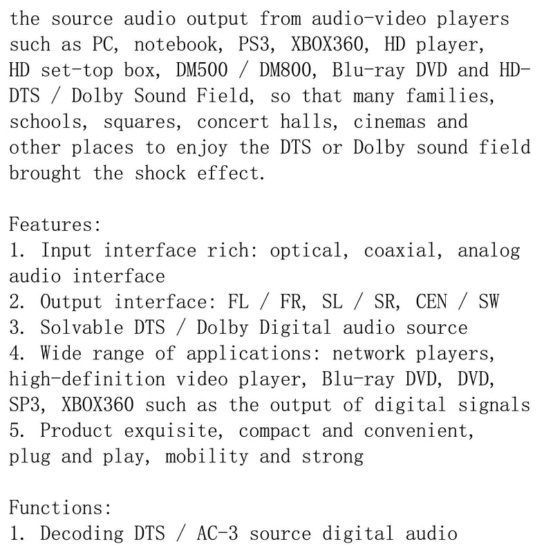 Convertidor DTS AC3 Fuente a 5.1 Decodificador de audio estéreo digital analógico Enchufe de EE. UU. 