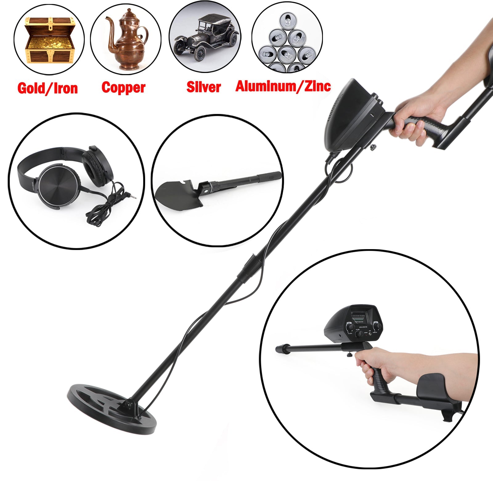 3 in 1 Kit Metal Detector 7.8" Gold Digger Hunter Deep Sensitive Shovel Earphone