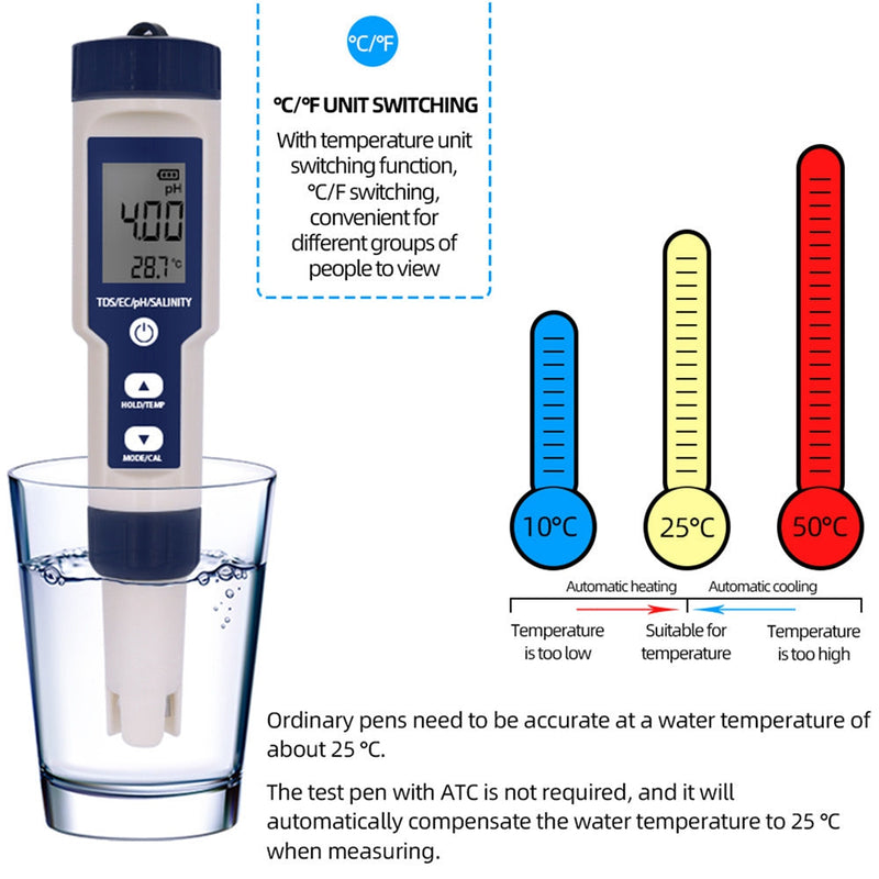 5in1 PH/TDS/EC/الملوحة/درجة الحرارة الرقمية جهاز اختبار جودة المياه متر أداة الاختبار