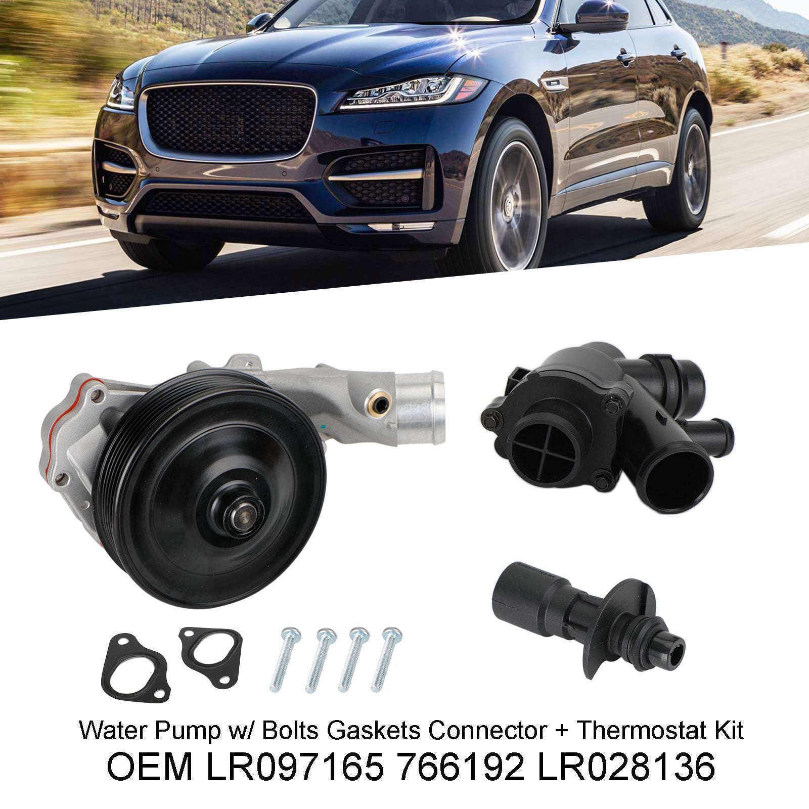 2010-2014 Jaguar XF 5.0L V8 XFR XFR-S Bomba de agua con conector de juntas de pernos + kit de termostato