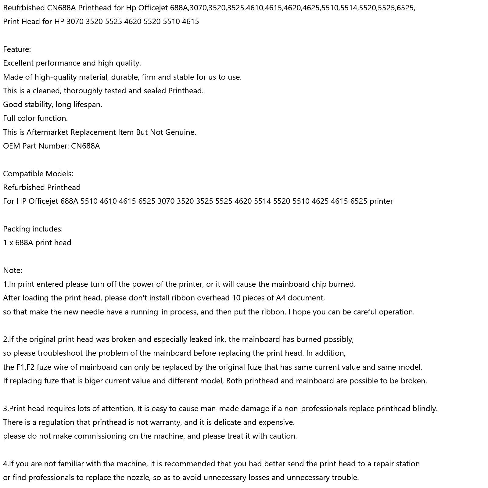 Cabezal de impresión de impresora reacondicionado apto para HP 3070 3520 5525 4620 5520 5510 CN688A