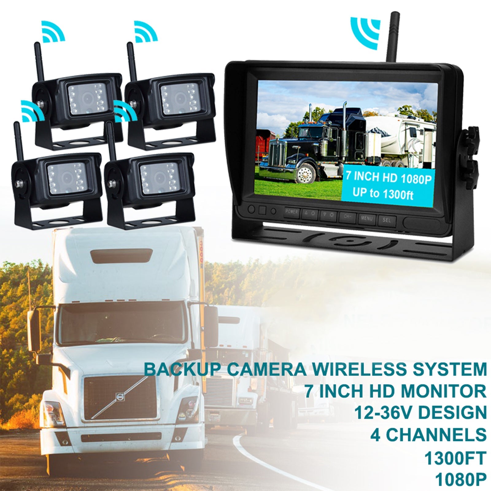 7" Wireless AHD 1080P Display 4CH Rear View Backup Camera Kit for Truck Trailer