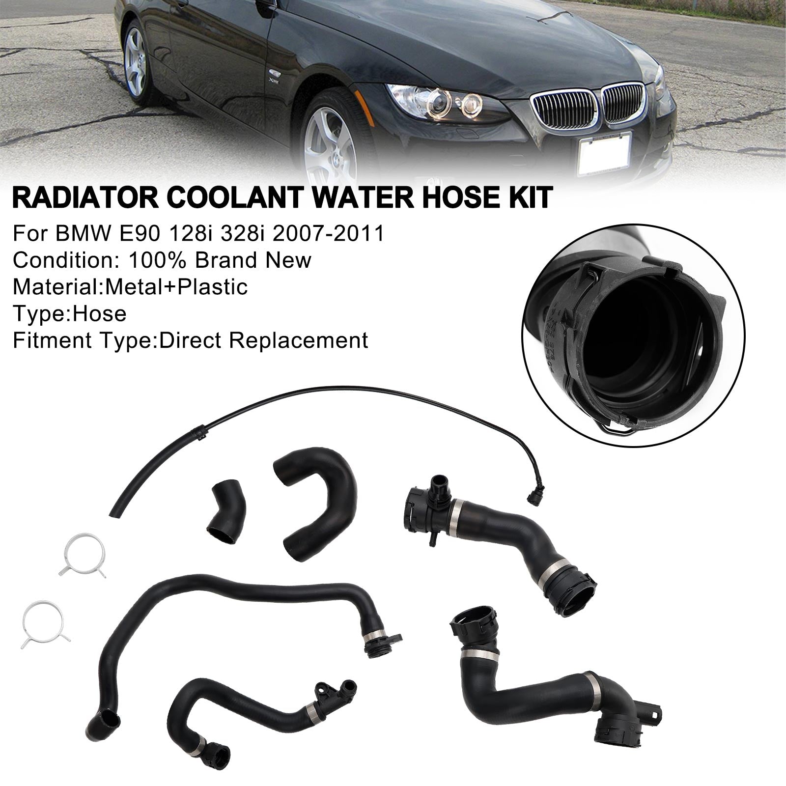 BMW E90 128i 328i 2007-2011 Radiator Coolant Water Hose Pipe Kit (7 Hoses)