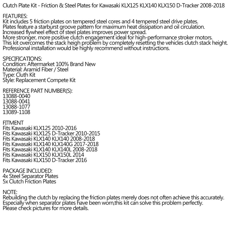 Clutch Kit Steel & Friction Plates for Kawasaki KLX 125 140 150 D-Tracker 08-18 Generic