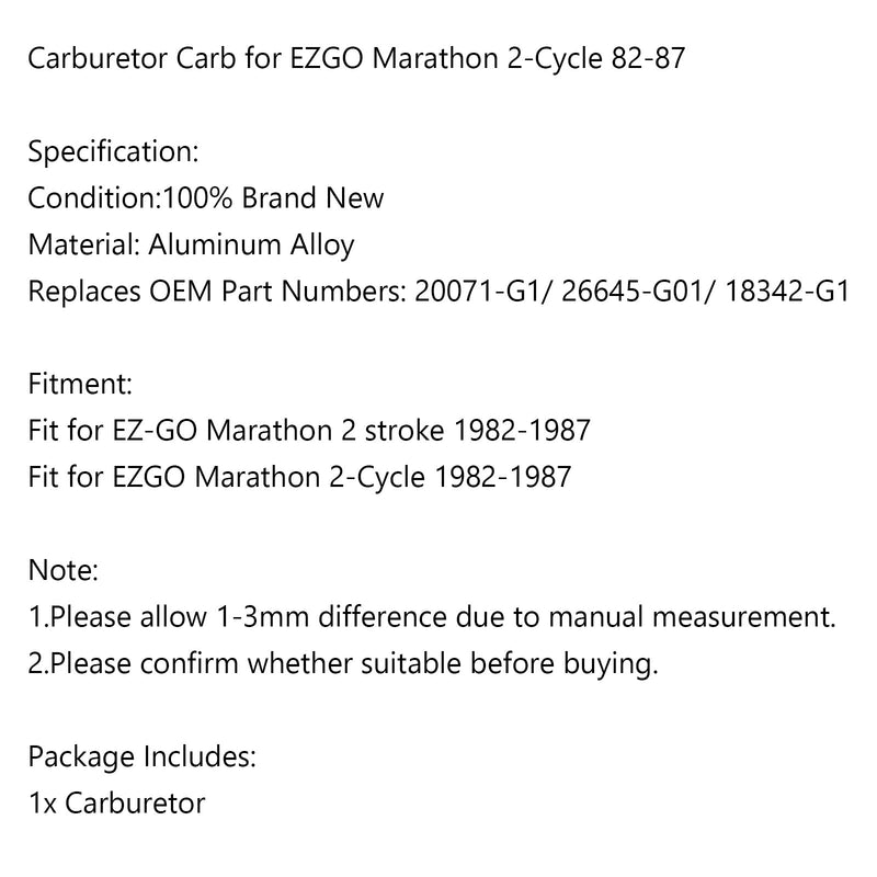 Carburetor carb for EZGO Golf Cart 2 Stroke Engine 1982-1987 Carb 20071-G1 Generic
