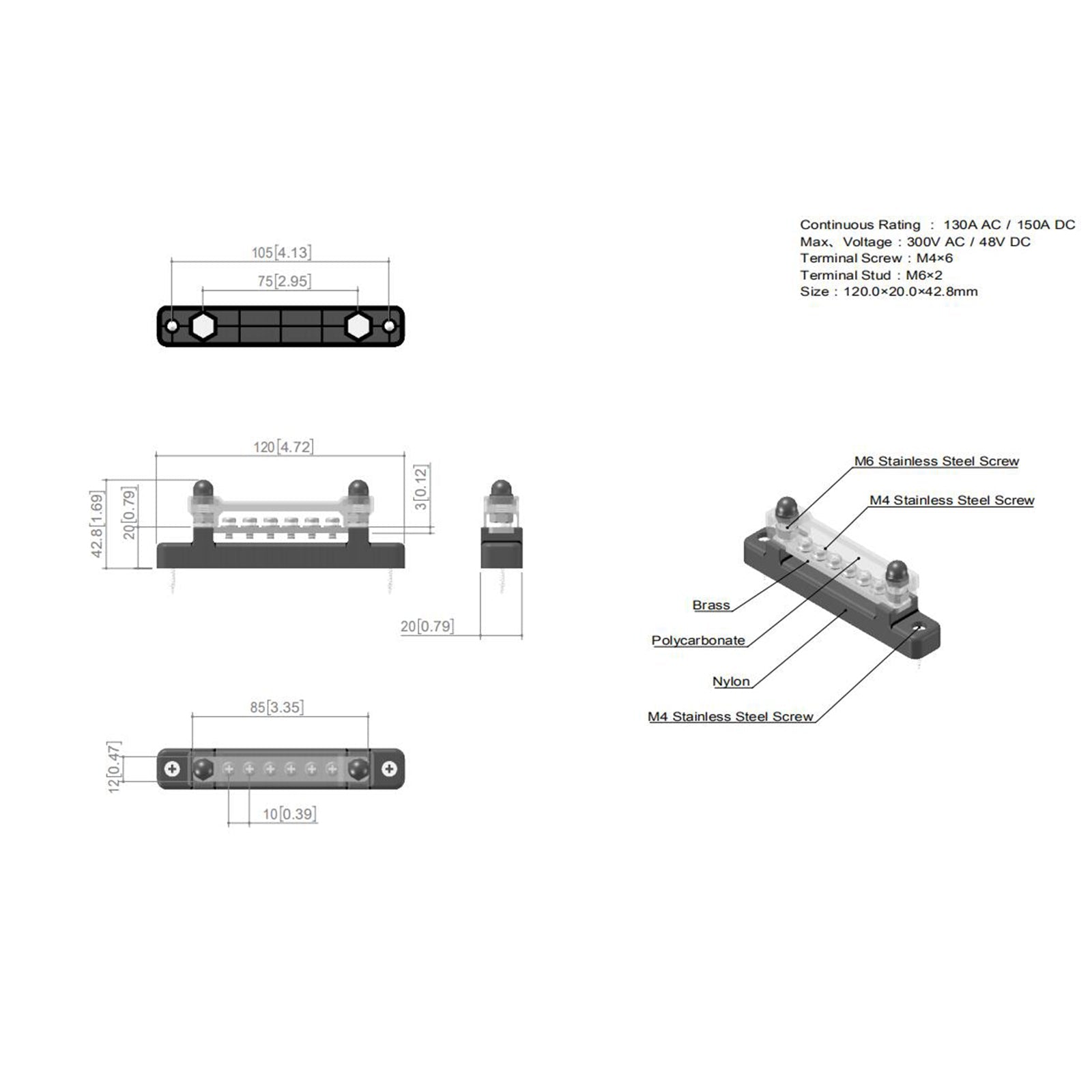 6 Way 150A Distribution Terminal Block Car Marine Boat Holder Cover 48V Bus Bar