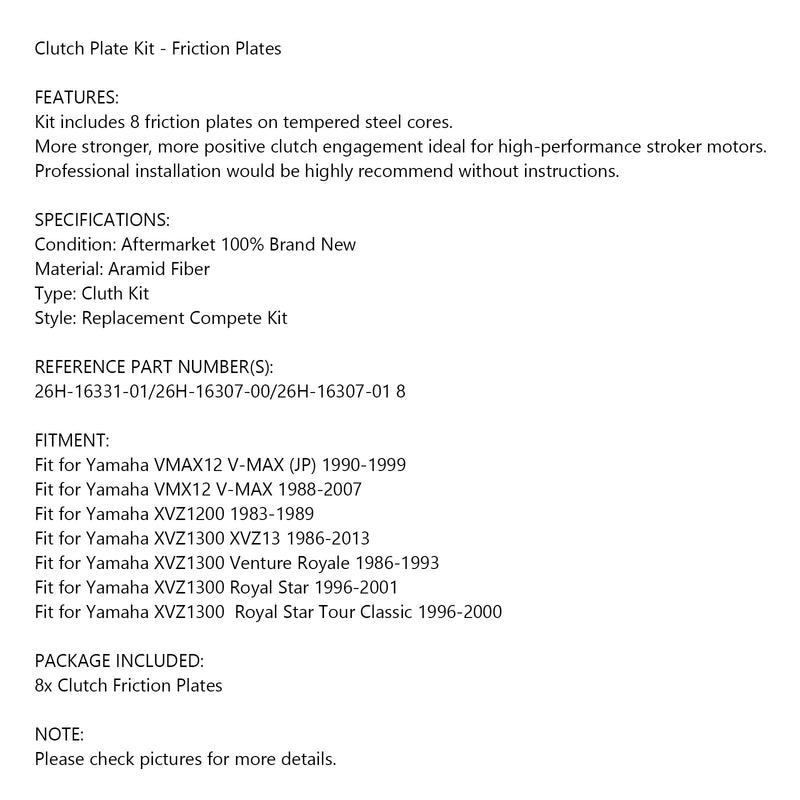 Clutch Friction Plate Kit Set For Yamaha VMAX12 VMX12 V-MAX XVZ1200 XVZ1300 Generic