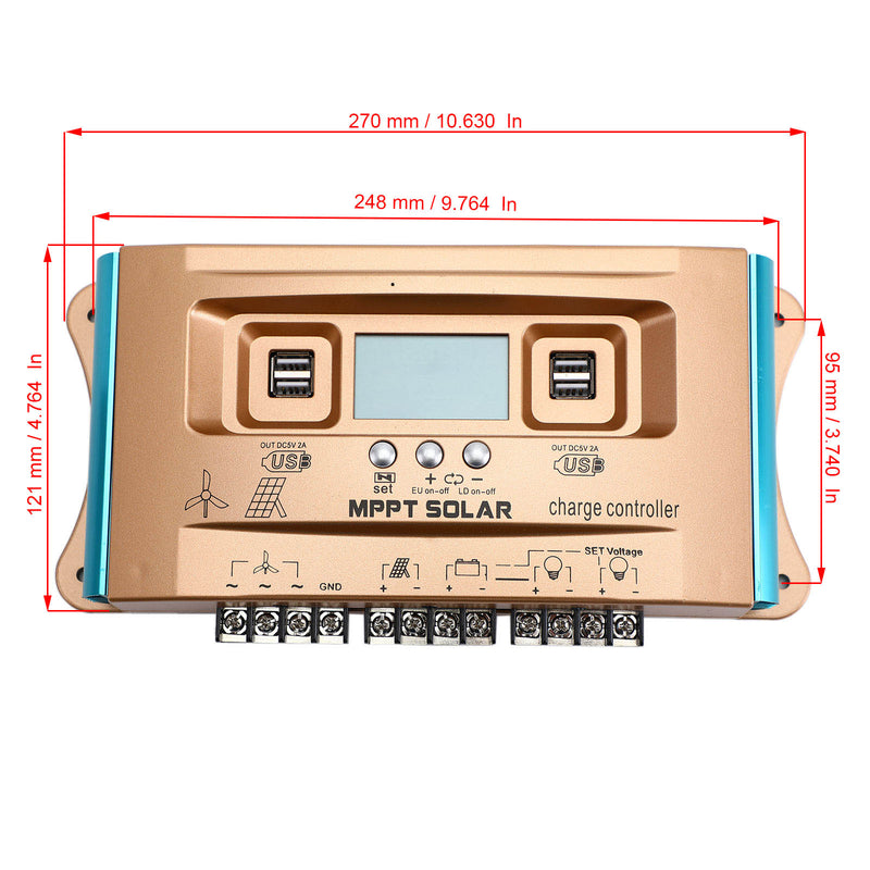 12V/24V/36V/48V/60V 60A MPPT Panel de controlador de carga híbrido solar eólico USB dual