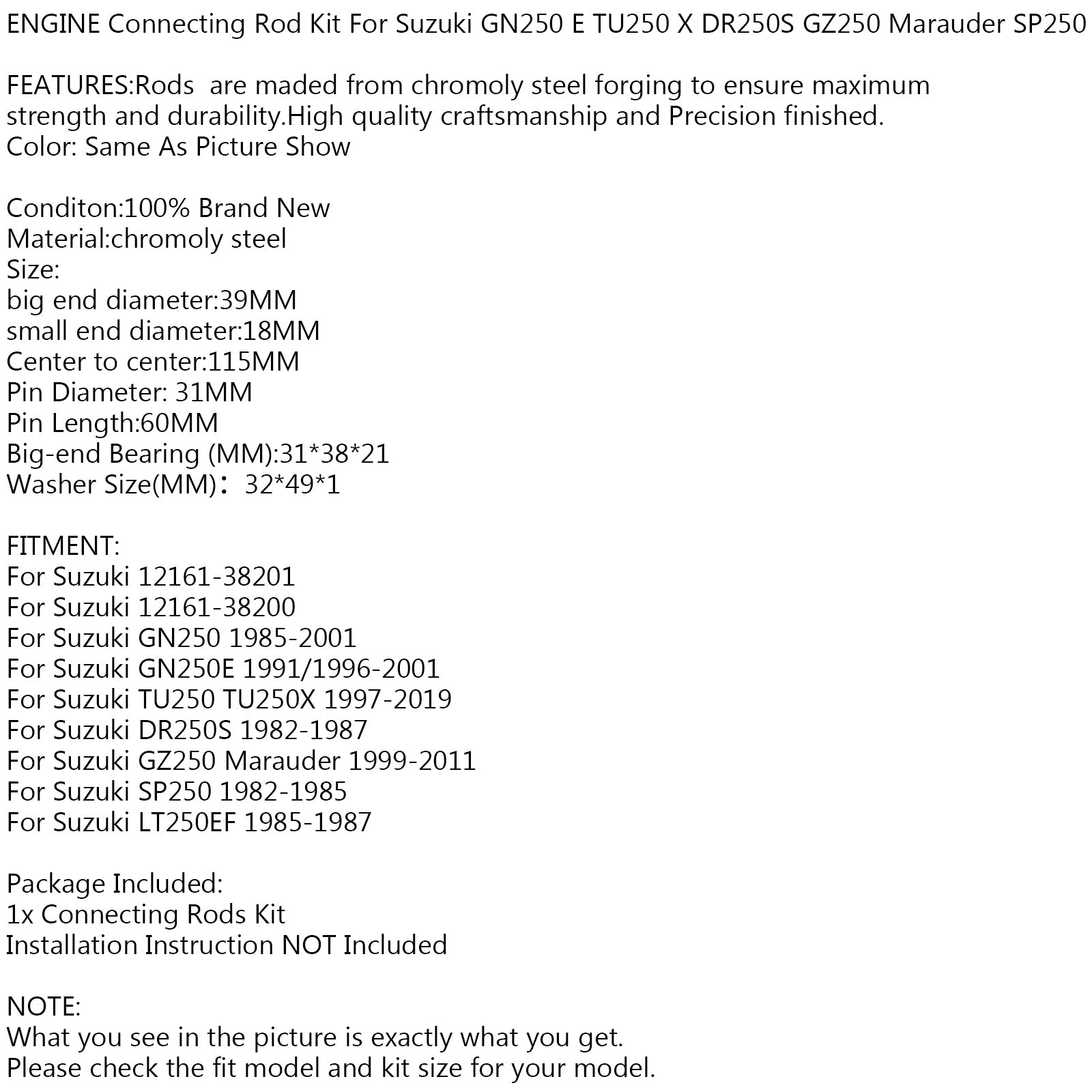 ENGINE CRANK CONNECTING ROD Kit For Suzuki 12161-38201 GN DR TU GZ SP LT 250 EF Generic