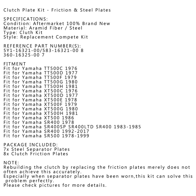 Clutch Kit Steel & Friction Plates fit for Yamaha TT500 SR400 SR400SP SR500 Generic