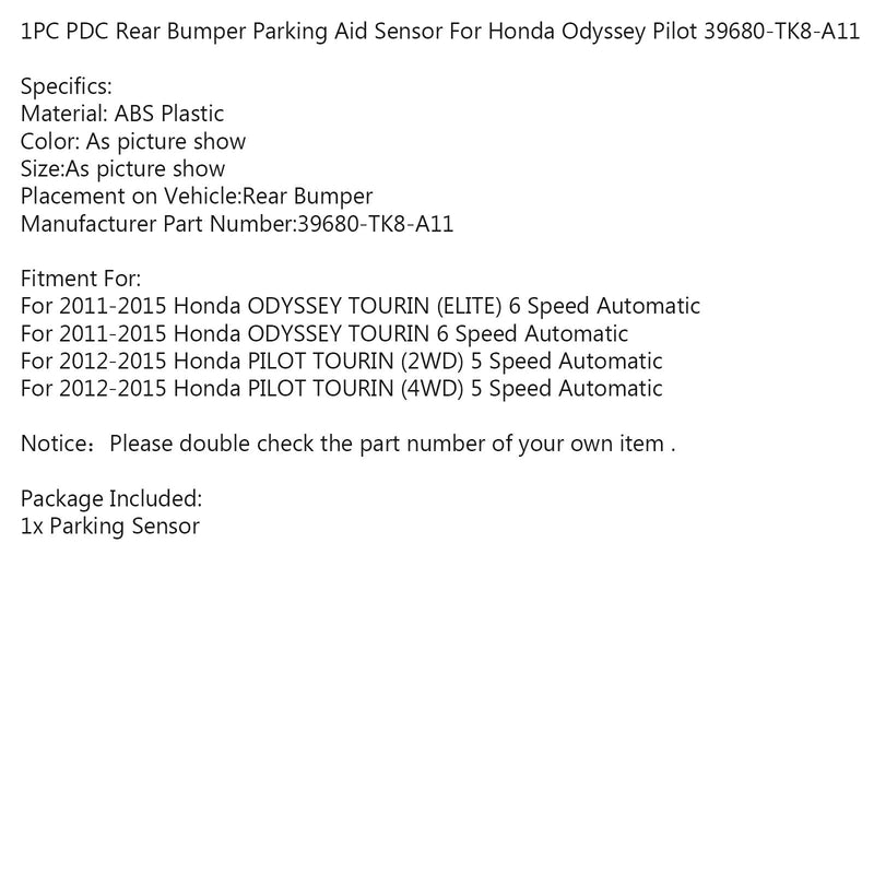 Sensor de ayuda de estacionamiento de parachoques trasero PDC para Honda Odyssey Pilot 39680-TK8-A11 genérico, 1 ud.