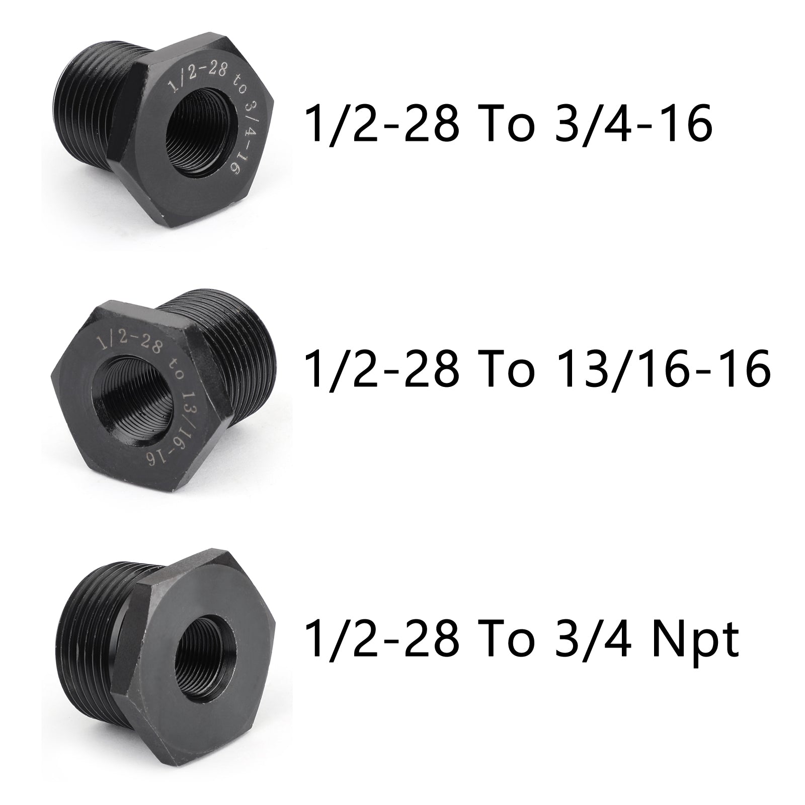 3PCS 1/2-28 to 3/4-16, 13/16-16, 3/4 NPT Thread Oil Filter Adapters Black New