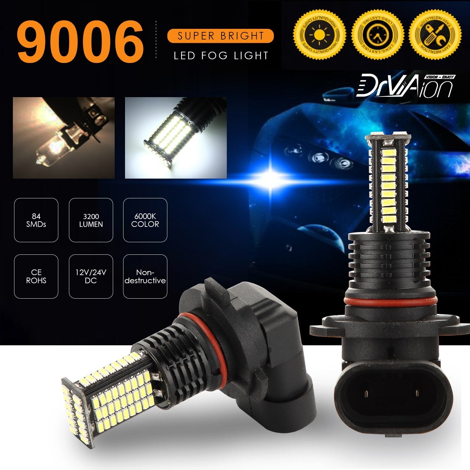 2PCS LED Headlight Driving Light Fog Light Lamp 6000K White Bright Generic