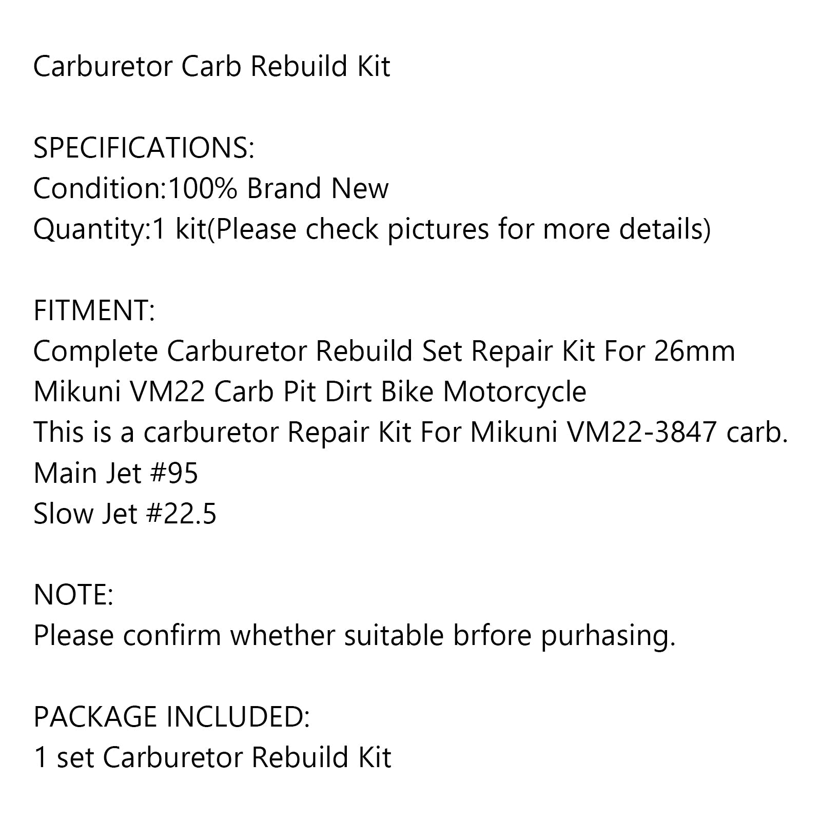 Carburetor Rebuild Repair Kit For 26mm Mikuni VM22 Carb Dirt Pit Bike Jet #95 Generic