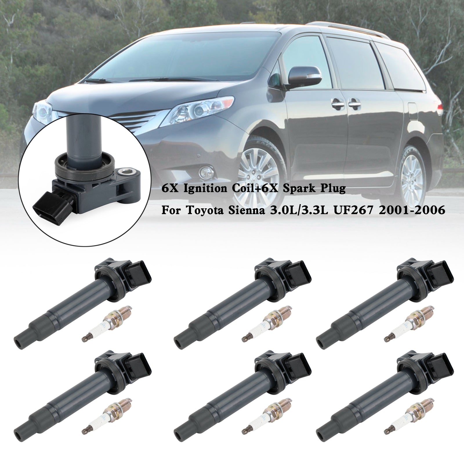 2001-2006 Toyota Sienna 3.3L V6 6X Ignition Coil+6X Spark Plug 90919-02234 C-528 C1175 GN10536 UF267