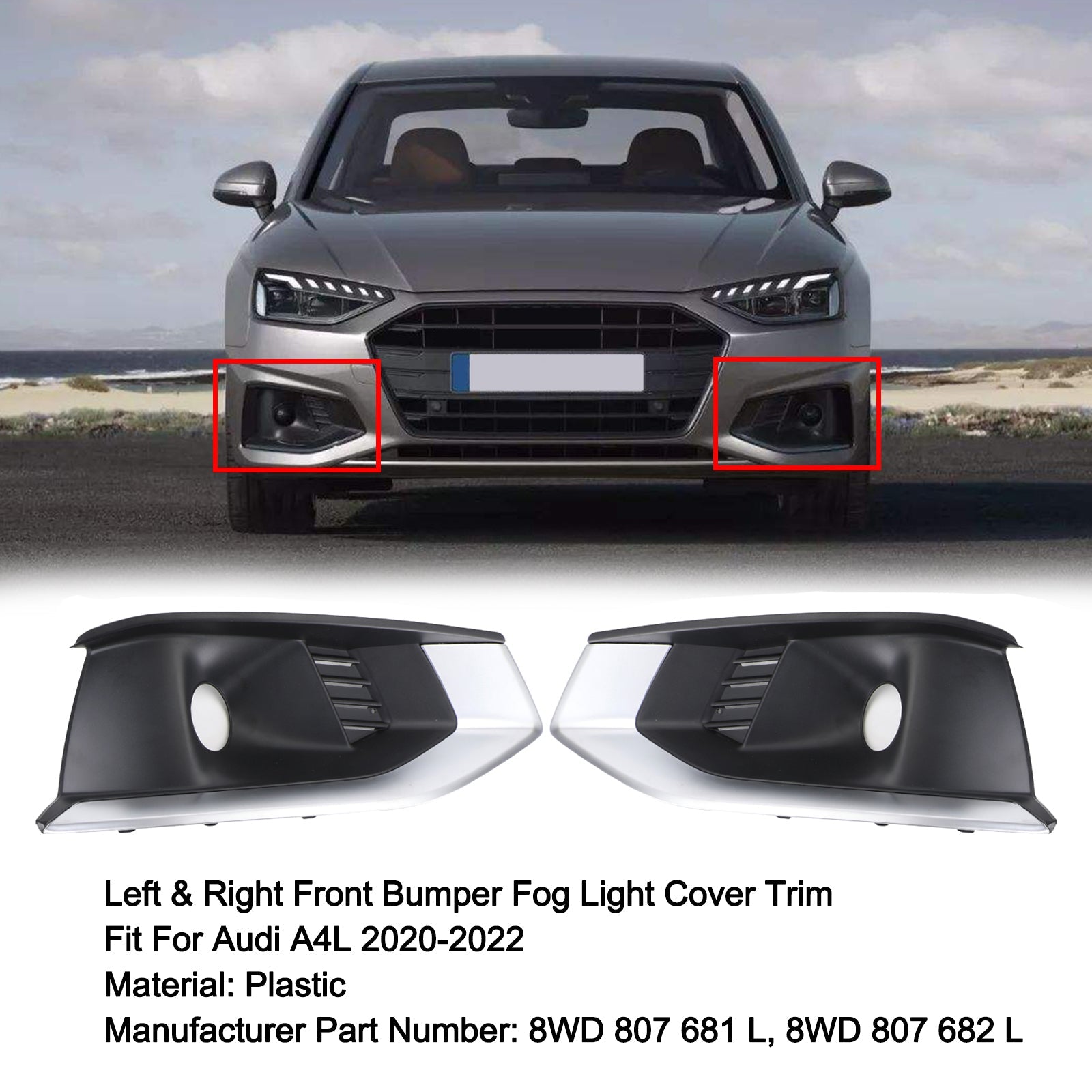 Left & Right Front Bumper Fog Light Grille Cover Trim For Audi A4L 2020-2022 Generic