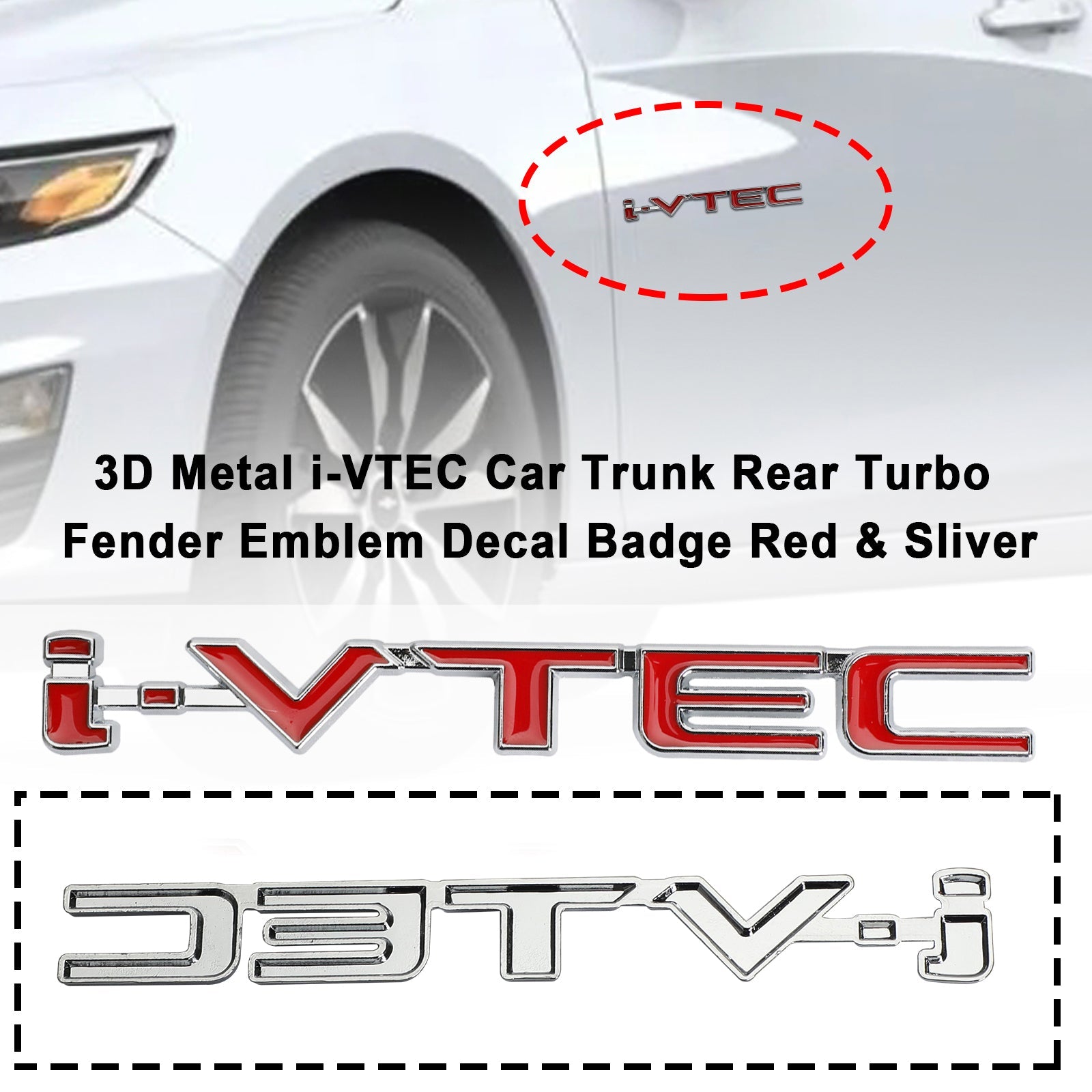 3D Metal i-VTEC Car Trunk Rear Turbo Fender Emblem Decal Badge Red & Sliver