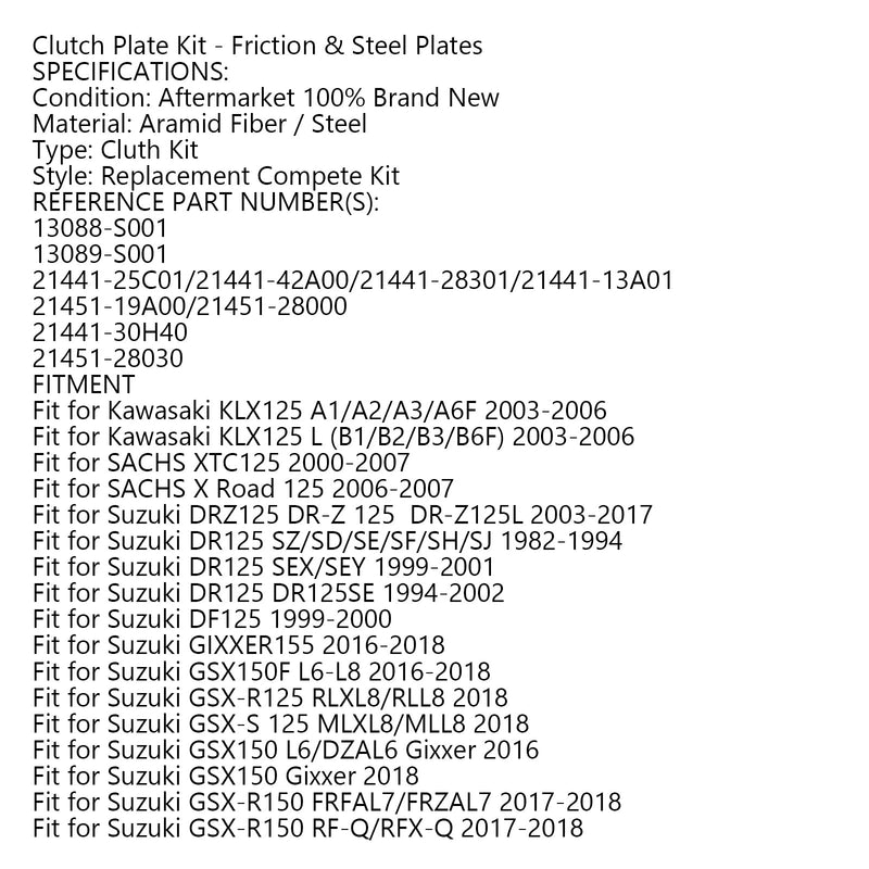 Clutch Kit Steel & Friction Plates fit for Kawasaki KLX125 Suzuki GN125 GSX-R150 Generic