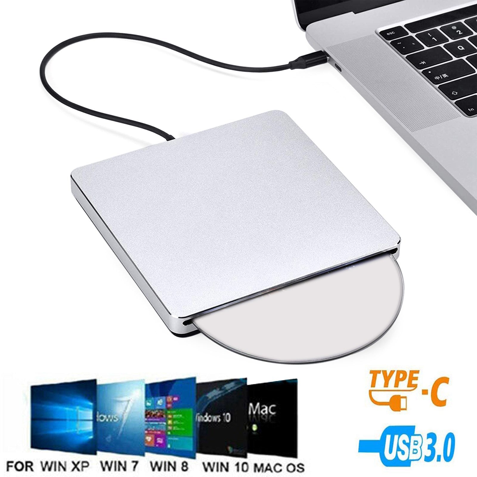 محرك أقراص CD/DVD خارجي مزود بفتحة USB 3.0 وكاتب ناسخ لأجهزة الكمبيوتر المحمول وأجهزة Mac