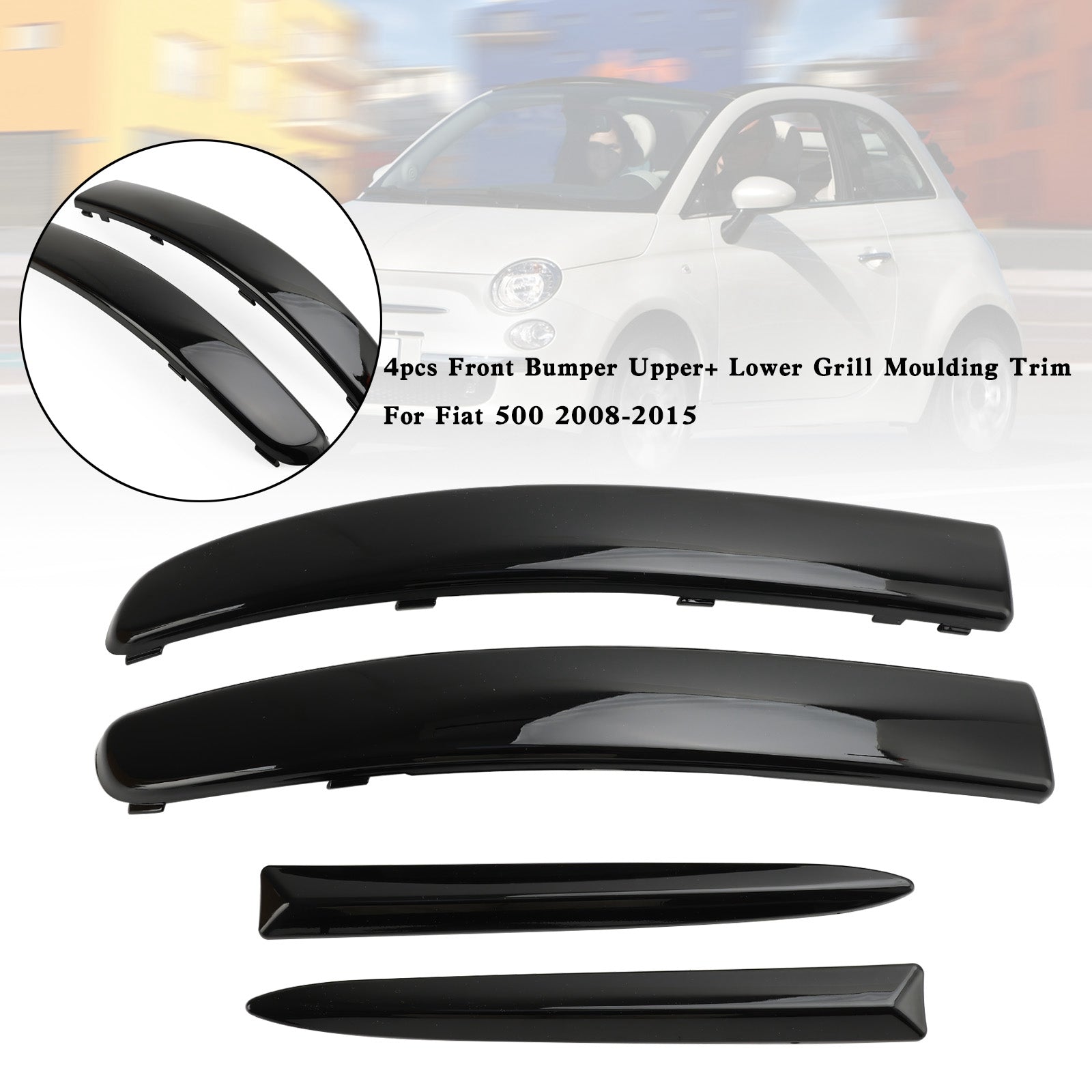 Fiat 500 2008-2015 4pcs Front Bumper Upper+ Lower Grill Moulding Trim