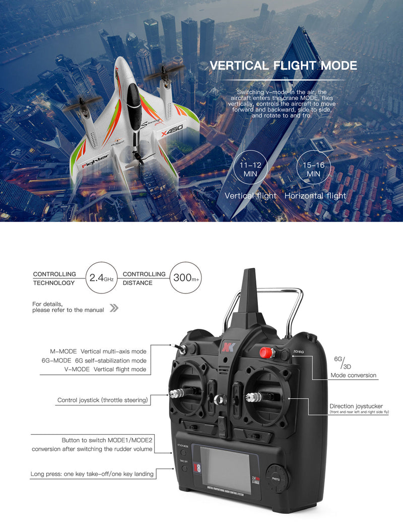 WLtoys XK X450 RC Avión Sin Escobillas 2.4G 6CH 3D/6G LED Ala Fija RTF