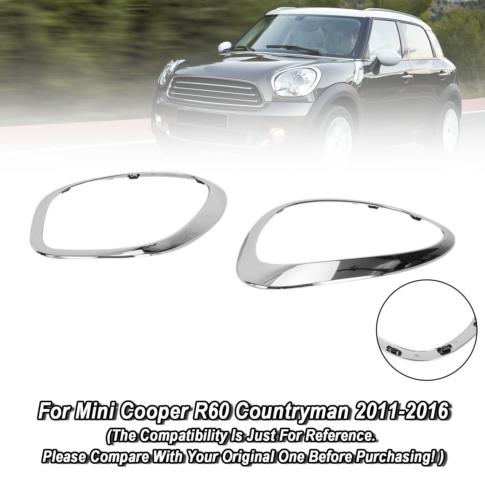 2011-2016 Mini Cooper R60 Countryman 2X Chrome Headlight Trim Ring Bezels