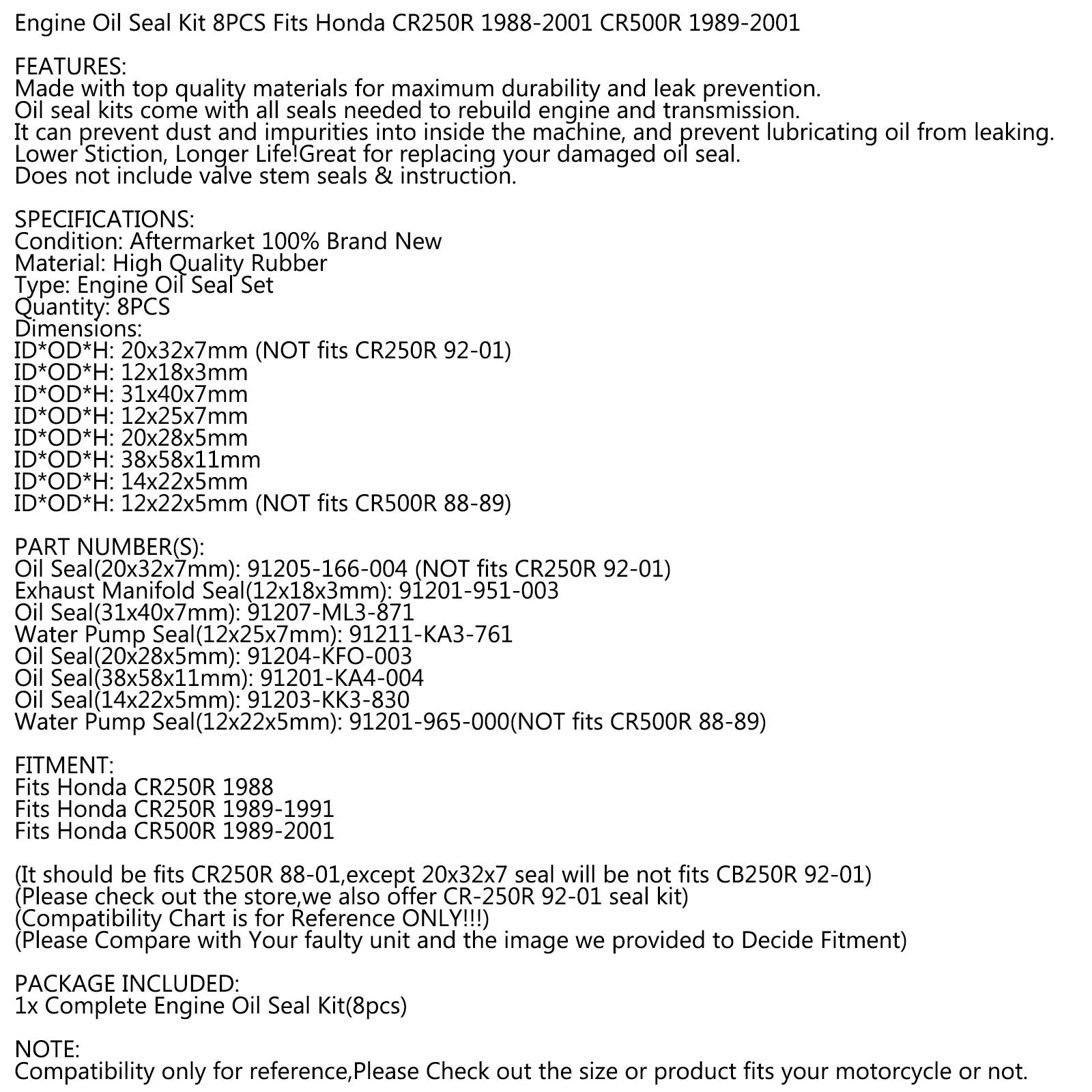 Complete Engine Oil Seal Kit - 8pcs for Honda CR250R 88-91 CR500R 89-01 CR-250R Generic