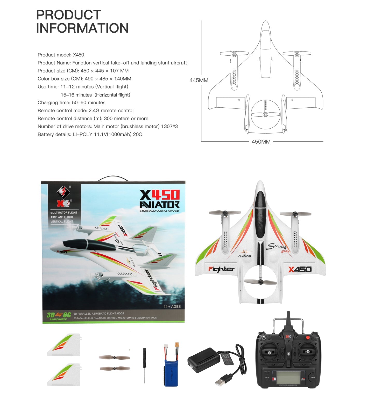 WLtoys XK X450 RC Avión Sin Escobillas 2.4G 6CH 3D/6G LED Ala Fija RTF