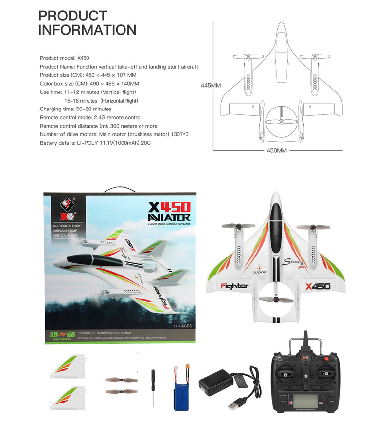 WLtoys XK X450 RC طائرة بدون فرشاة 2.4G 6CH 3D/6G LED ثابتة الجناح RTF