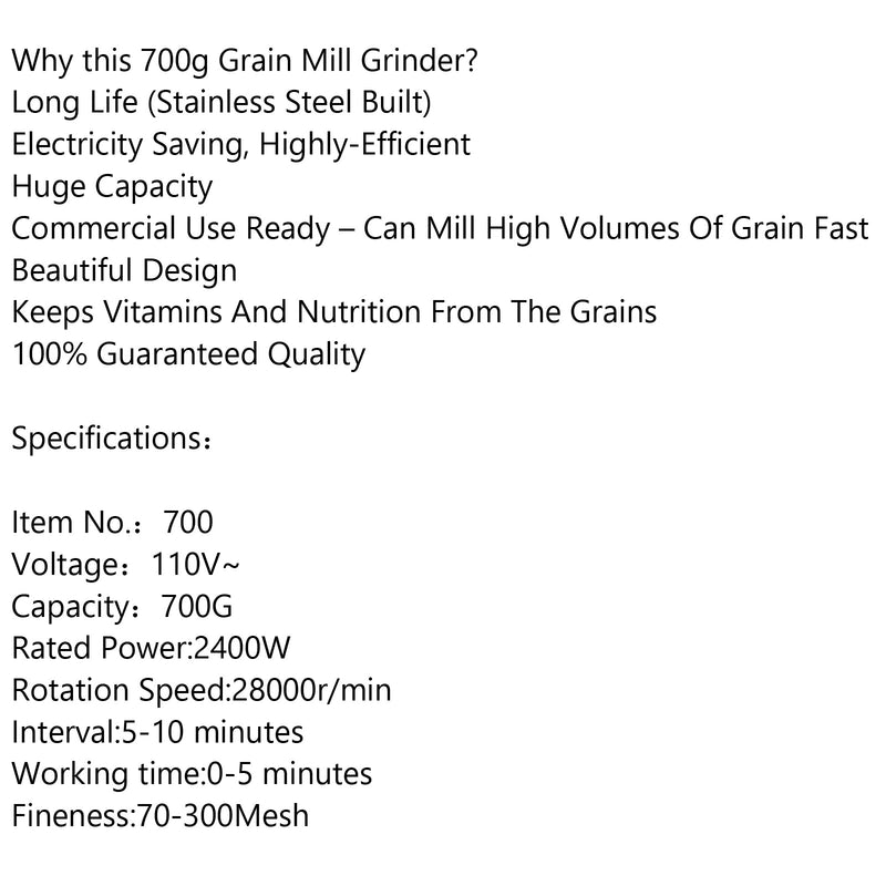 Molinillo de grano de hierba 700g Molino eléctrico Máquina de cereales-Alta velocidad/Vida duradera