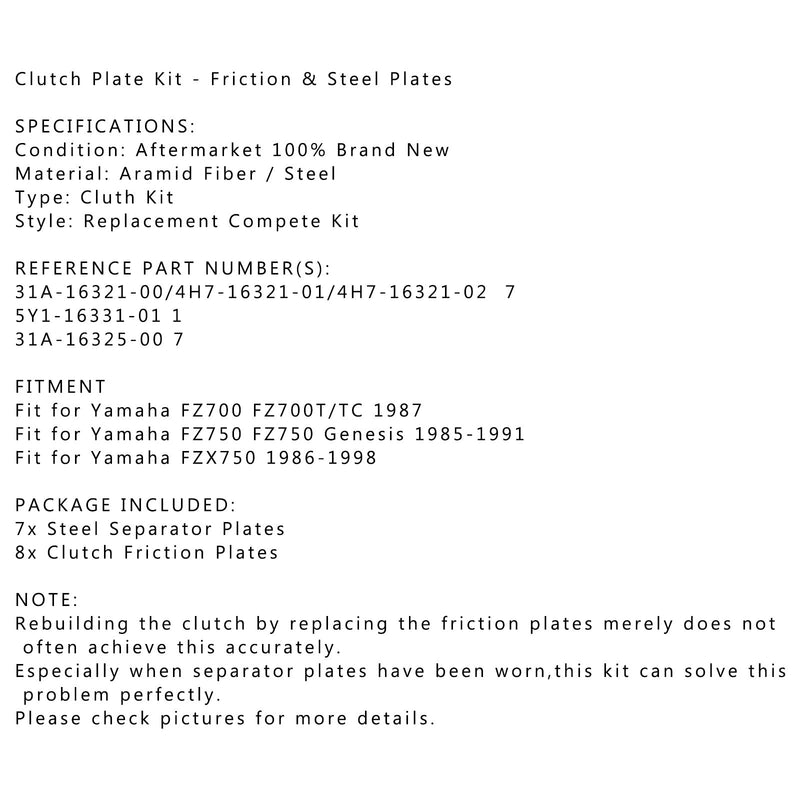 Kit de embrague Acero y placas de fricción para Yamaha FZ700 FZ700T/TC FZ750 FZX750 Generic