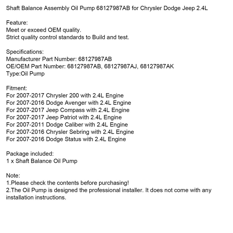 Bomba de aceite de montaje de equilibrio del eje 68127987AB 68127987AJ 68127987AK para Chrysler Dodge Jeep 2.4L