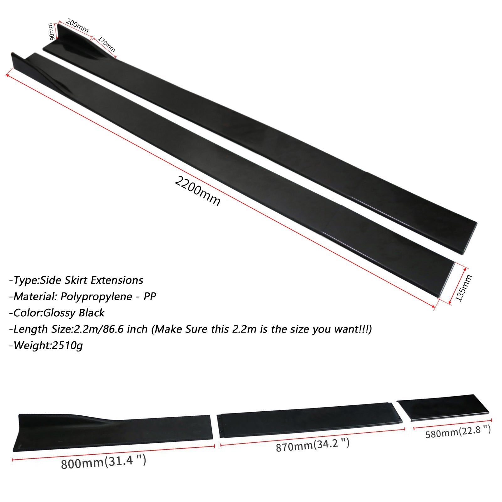 86.6 Extensiones de faldón lateral universal Separadores de panel de balancines Labio Polipropileno Genérico