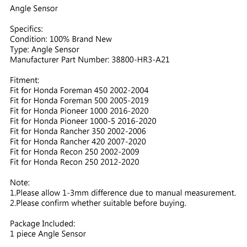 Sensor de ángulo apto para Honda Foreman 450 500 Rancher 350 Recon 250 38800-HR3-A21 Genérico