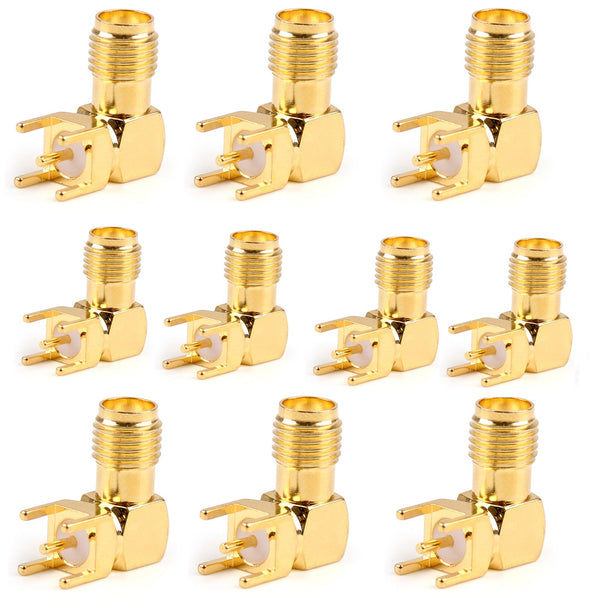 10Pcs Gold-Plated SMA Female Right Angle Solder PCB Mount RF Connector 14.5mm